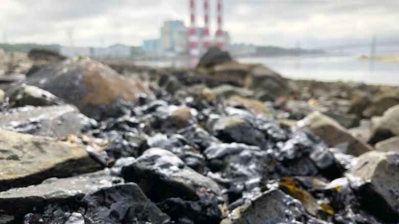 A rocky beach with water and smoke stacks in the background.