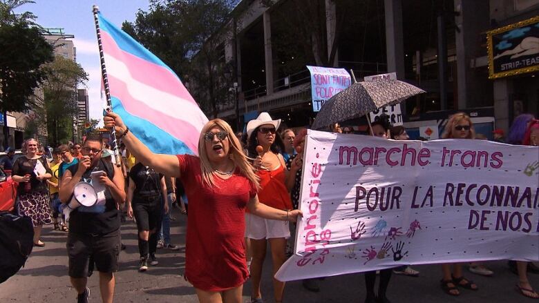 people marching flying trans flags