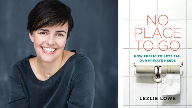 A woman with short black hair wears a blue long-sleeved top and a smile next to a copy of a book called No Place To Go.