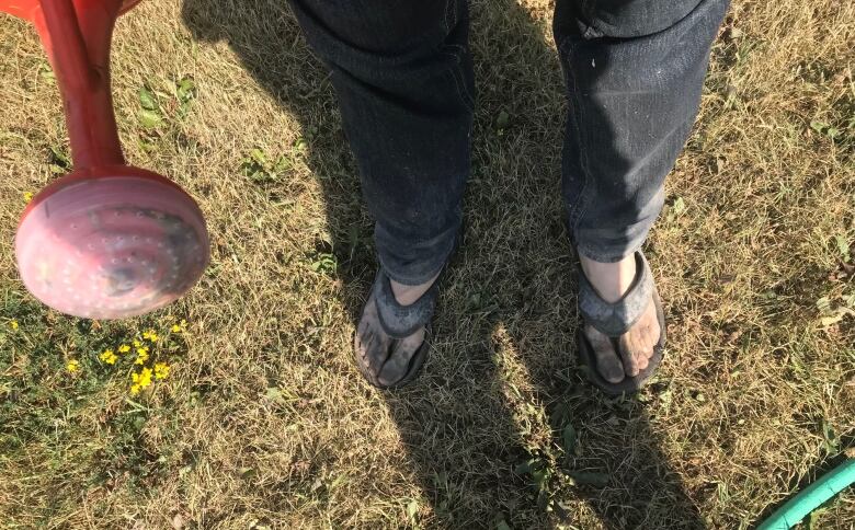 A man's feet, covered in dust