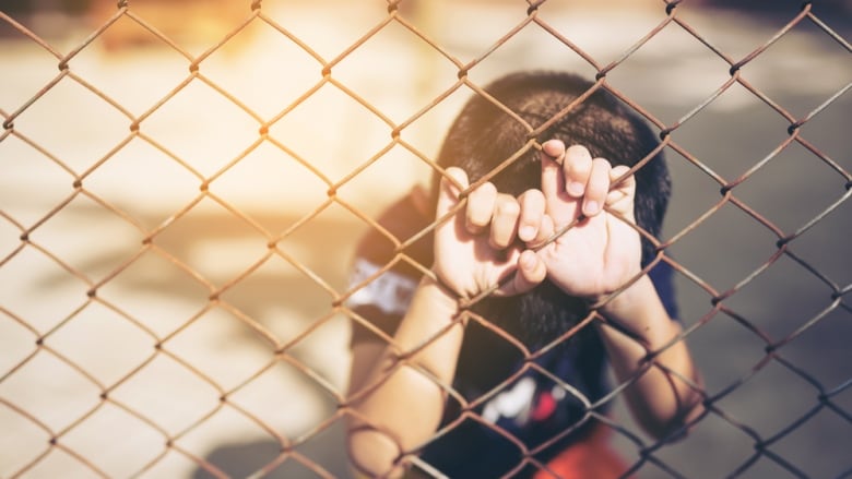 A boy with hands on a fence is shown.