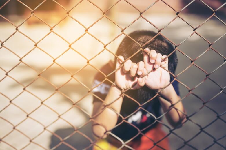 A boy with hands on a fence is shown.