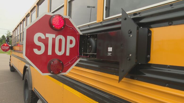 The stop sign attached to a school bus is shown.