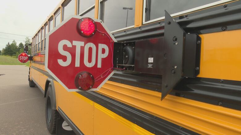 The stop sign attached to a school bus is shown.