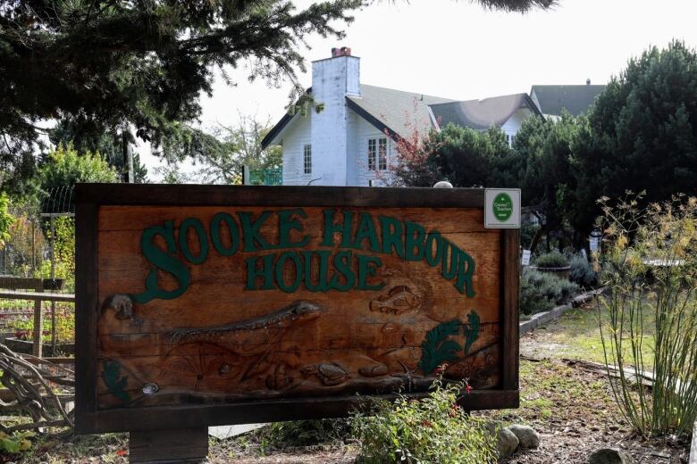 A wooden sign reading 'Sooke Harbour House'.