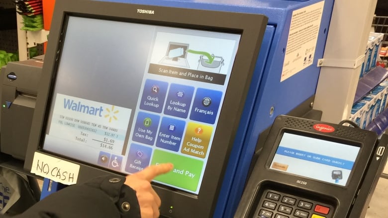 A self-checkout monitor at Walmart