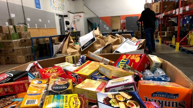 A box full of non-perishable food items at a food bank warehouse.