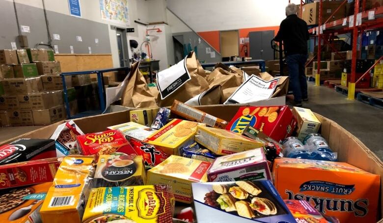 A box full of non-perishable food items at a food bank warehouse.