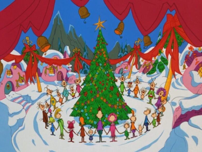 The page out of Dr. Seuss' How The Grinch Stole Christmas of all of the Whoville citizens holding hands around a tree