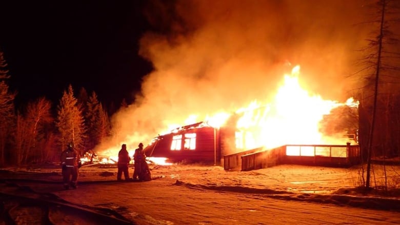 A building is seen on fire.