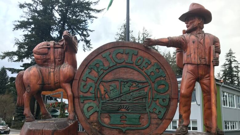 A carved wooden sign for the district of Hope.