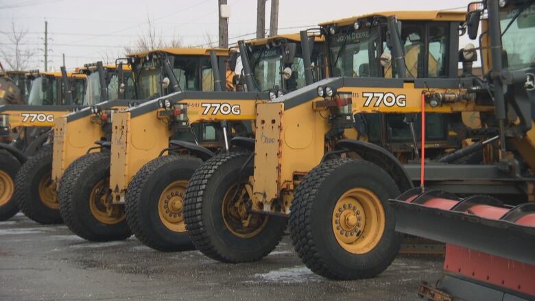 A line of parked snow plows.