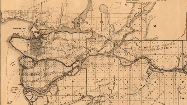 An archival map showing Metro Vancouver in 1892. It is sepia-toned. The only municipalities at the time were North Vancouver, Vancouver, South Vancouver, Burnaby, New Westminster, Coquitlam, Richmond, Delta, Surrey, Langley and Maple Ridge.