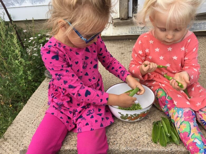 Two girls sitting outside shuck peas into a bowl.