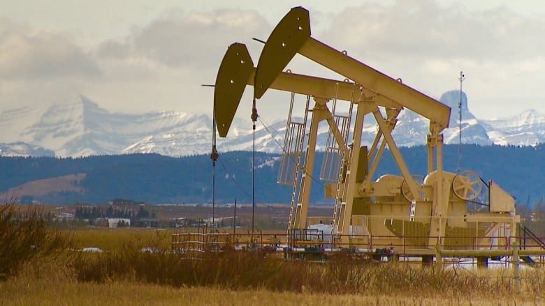 Pumpjacks are seen in a field in front of the Rocky Mountains.