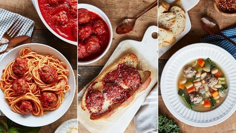 3 overhead shots of meatballs. Left: a bowl of spaghetti and meatballs. Middle: a meatball sub. Right: a white bowl with meatball vegetable soup. 