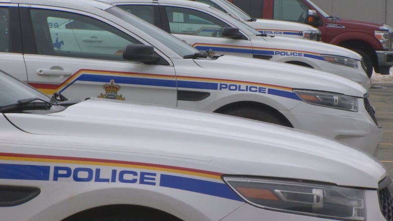 A row of four police cruisers.