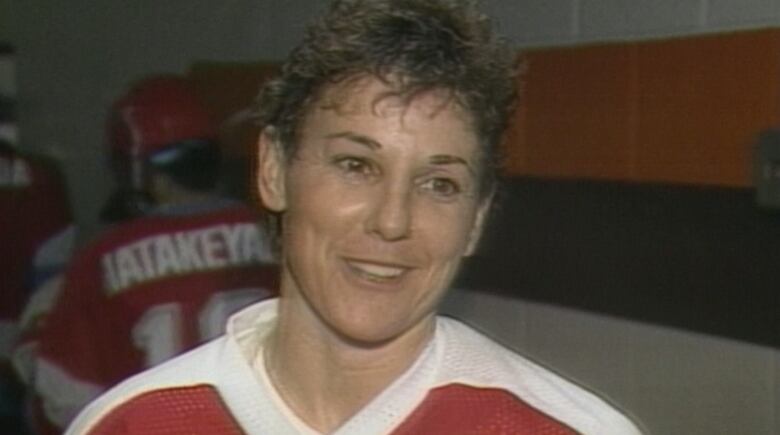 Team captain Marian Coveny after the Canadian team won against the Swiss April, 1987.