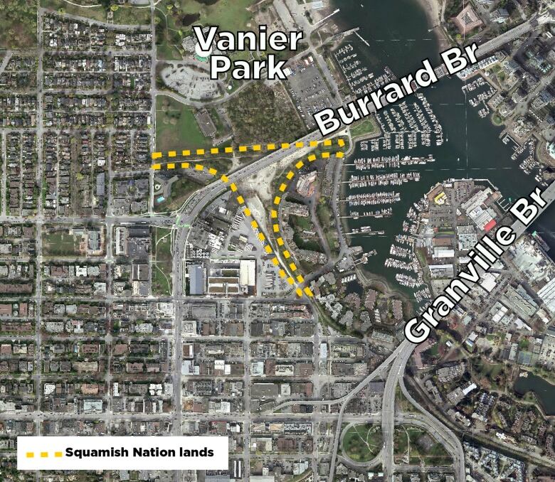 A topographical map of the city of Vancouver, which shows Vanier Park to the north of Burrard Bridge. A section of the park, and a section south of the bridge, are highlighted as 'Squamish Nation lands'.