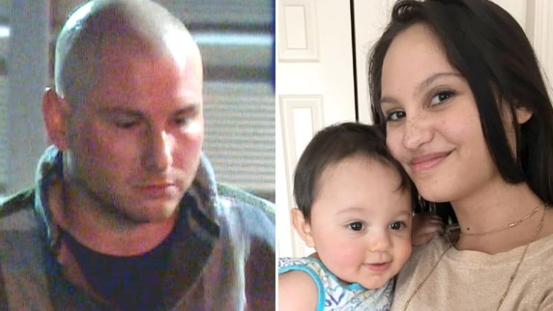 A man under arrest in the left photo and a mother holding a baby in the photo on the right. 