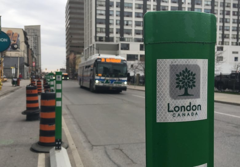 The bike lane being installed on King Street in London, Ont.