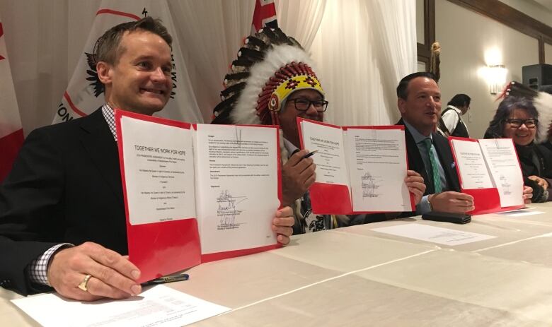 Three men at a table, two wearing suits and one wearing a headdress, hold up red folders with documents inside. 