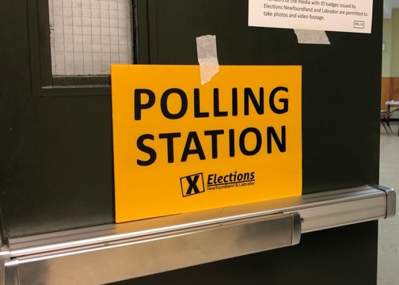 An orange sign taped to a door reads polling station.