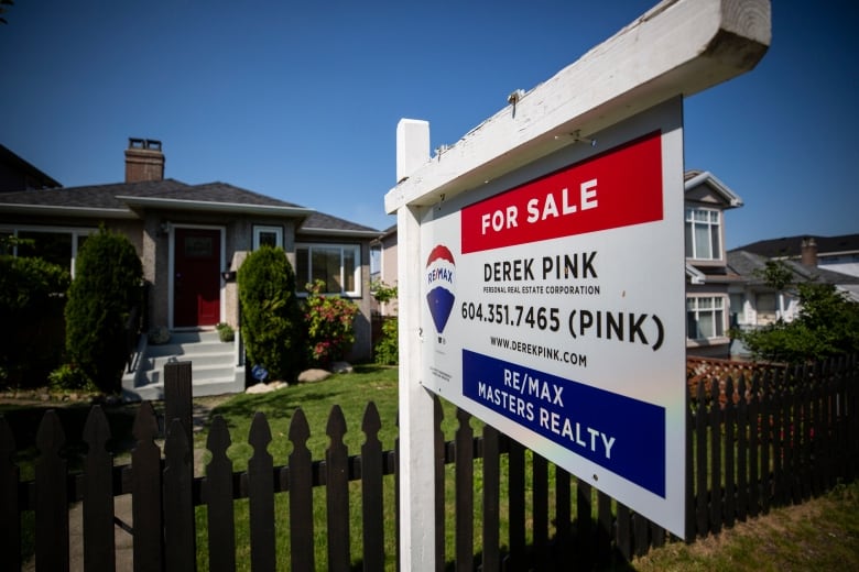 A real estate 'For Sale' sign outside a single-family home.