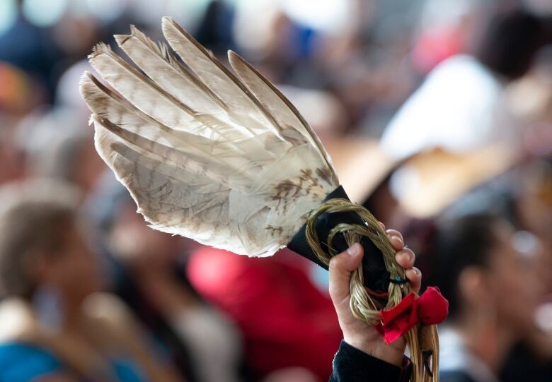 A closeup shows a raised hand holding a feather.