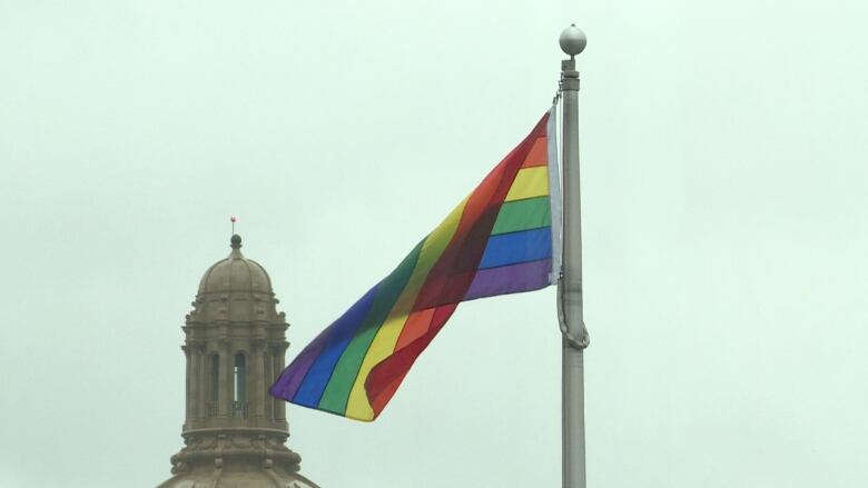 pride flag with building in background.