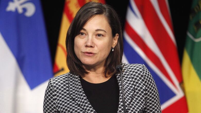 A woman in a blazer stands in front of a bunch of flags.