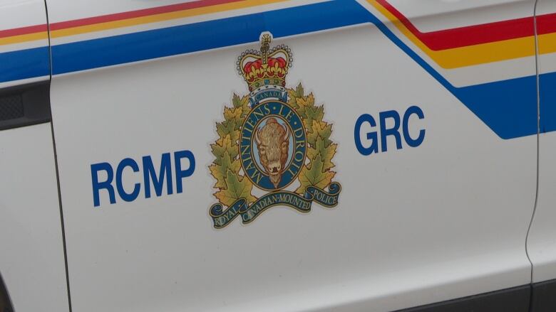 The RCMP crest with a buffalo head in the centre is seen on a car door.