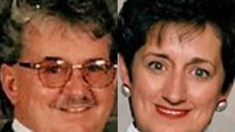 Side-by-side photos of an older man with glasses and a woman.