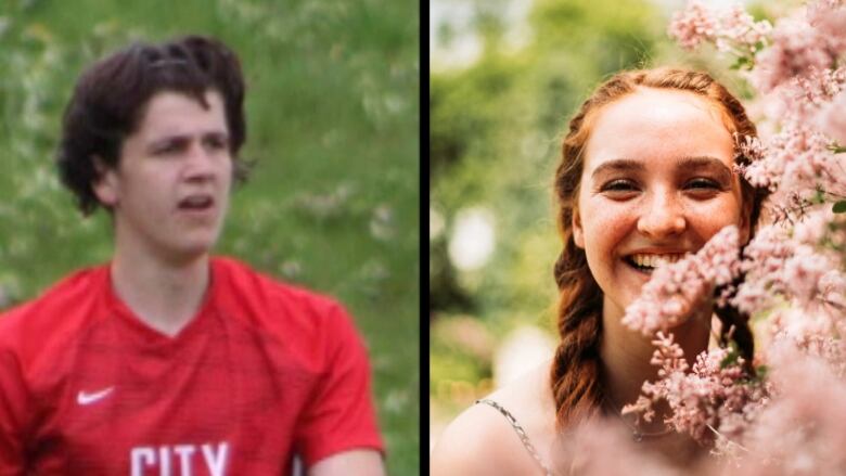 Two 18-year-olds are seen in side-by-side photographs. On the left, a young man in a sports jersey. On the right, a young woman smiling behind some flowers.