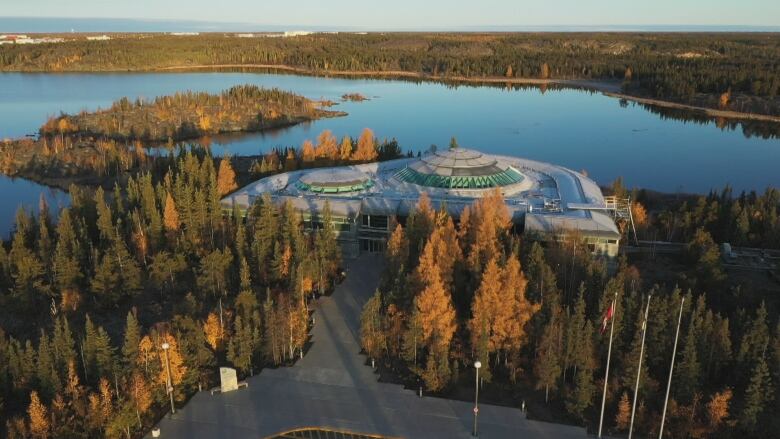 An aerial short of the Northwest Territories legislative assembly building.