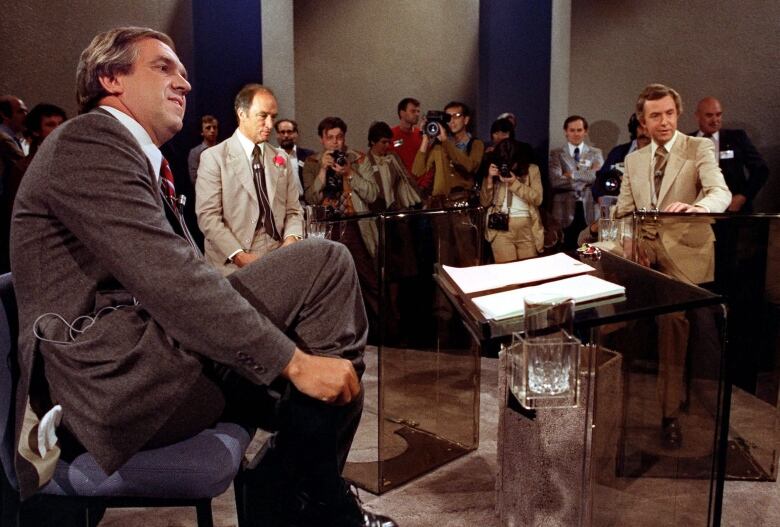 An archived photo of the 1929 federal leaders debate, featuring Ed Broadbent, Pierre Trudeau and Joe Clark.