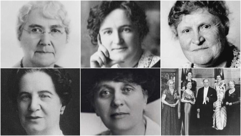 A black and white historic photo collage of five women.