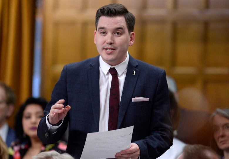 Liberal MP Terry Beech wears a blue suit and dark red tie as he rises in the House of Commons.