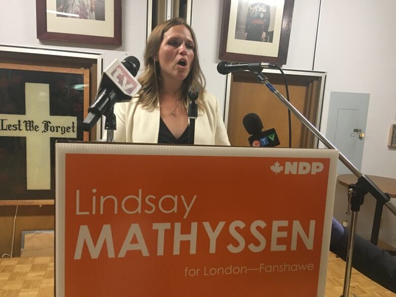 Lindsay Mathyssen delivers a victory speech after being elected as the region's lone NDP MP in the riding of London Fanshawe. 