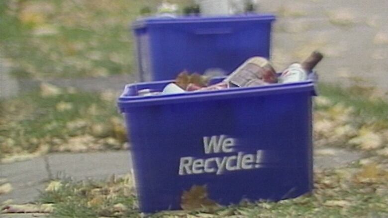 Blue boxes on grassy curbside