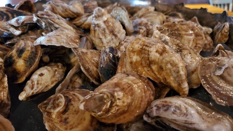 A small pile of oysters is shown.