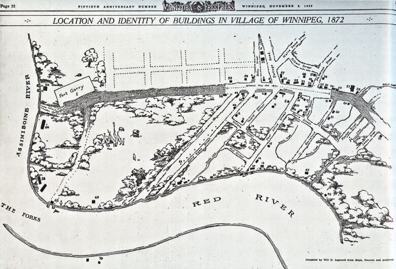 A hand-drawn map shows Winnipeg in 1872, a year before it was formally incorporated.