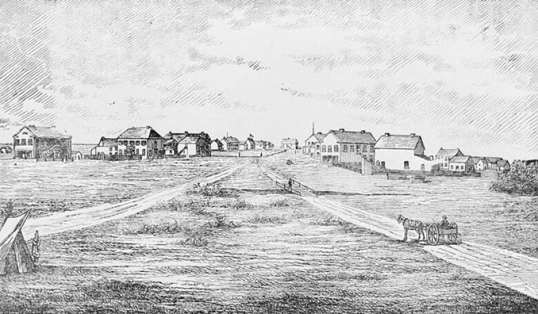 A drawing on Winnipeg in 1871, showing the sparse collection of buildings in the village.