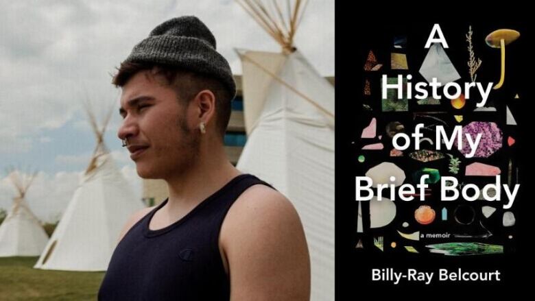 A composite image of an Indigenous man in a black tank top and a grey winter hat looking into the distance and a black book cover with the words A History of my Brief Body written on it.