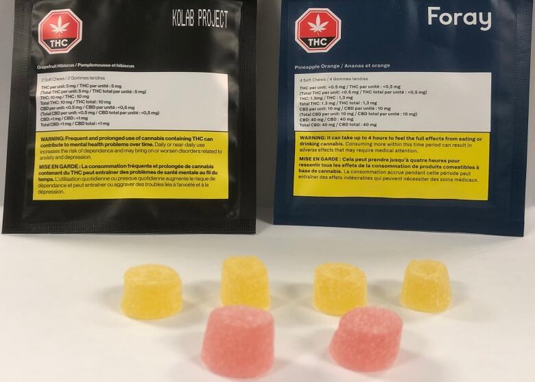 Two packages of cannabis-infused gummies are seen in front of six individual yellow and green gummies.