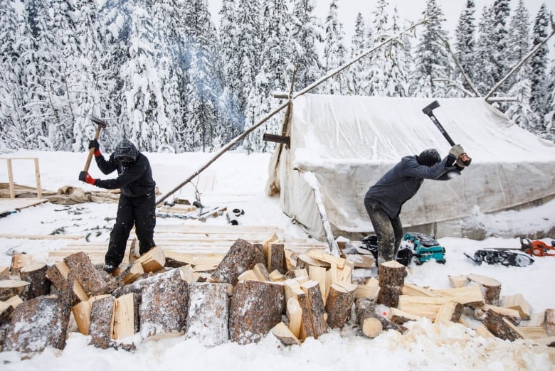 people chopping wood