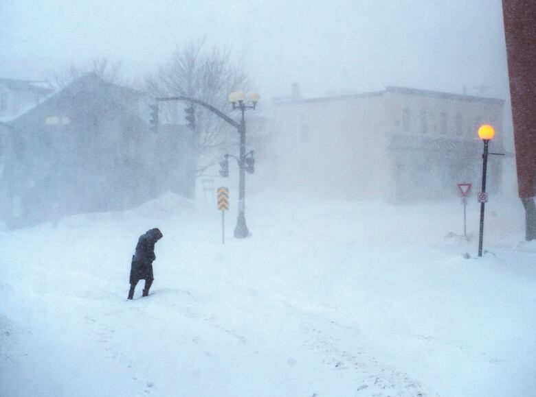 A woman walks through a blizzard.