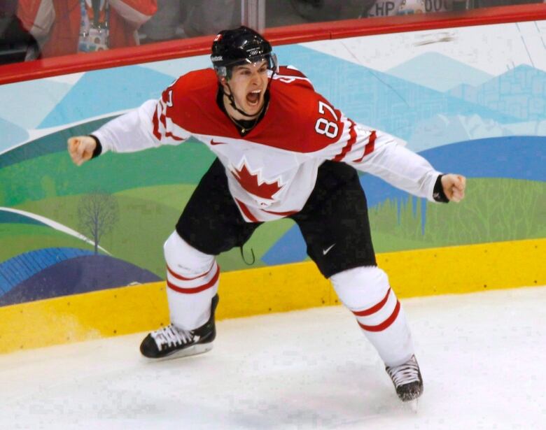 Sidney Crosby is shown after scoring the gold medal winning goal at the 2010 Winter Olympics in Vancouver.