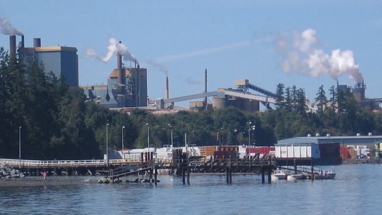 A large paper mill with smokestacks spewing smoke into the air near a water body.