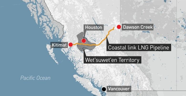 An area map shows an orange line representing where the pipeline will go. A dar shaded area shows where it crosses Wet'suwet'en territory.  